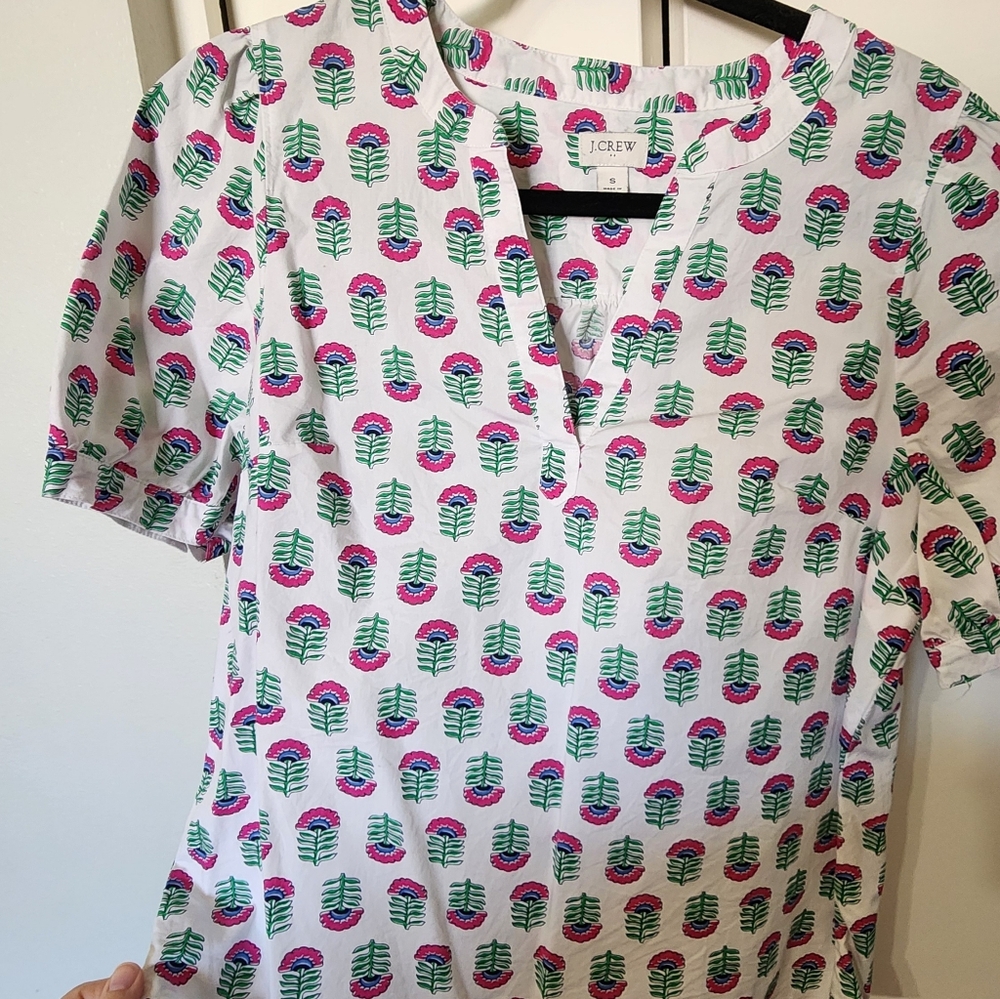 J. Crew White Blouse with Pink and Green Leaf Design